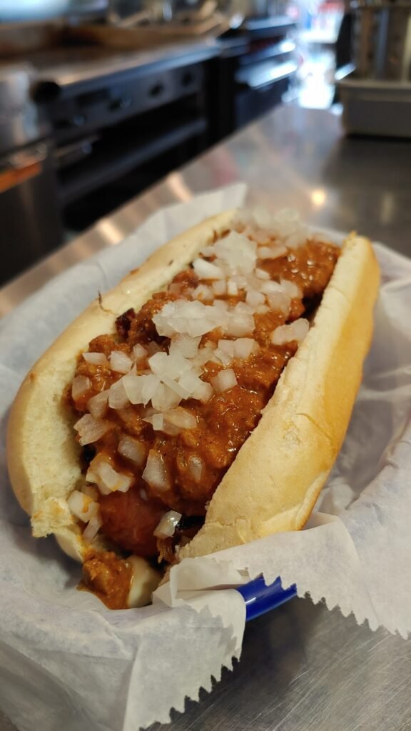 The Schwarber Dog with chili, bleu cheese, onions and bacon at Bruiser's in Covington