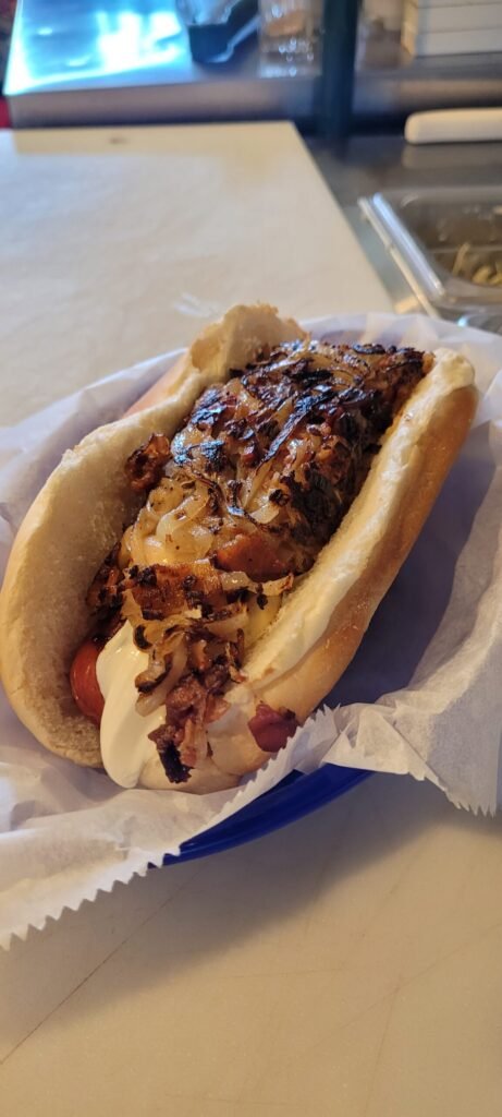 The Seattle Dog with cream cheese, grilled onions and bacon at Bruiser's in Covington