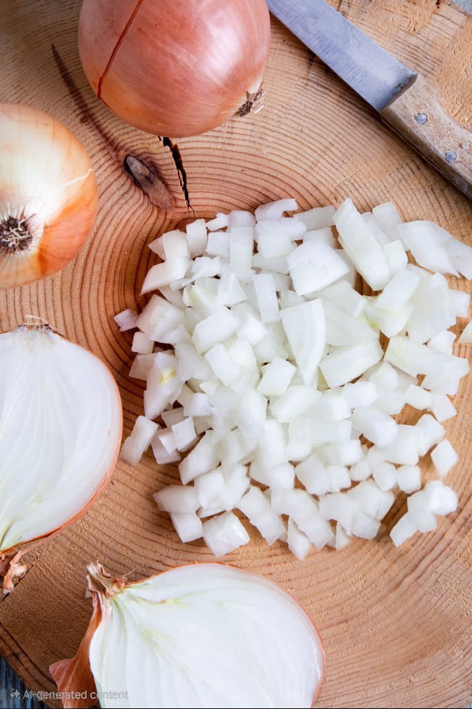 Onions cut in half and chopped on an old wooden board. Top view.