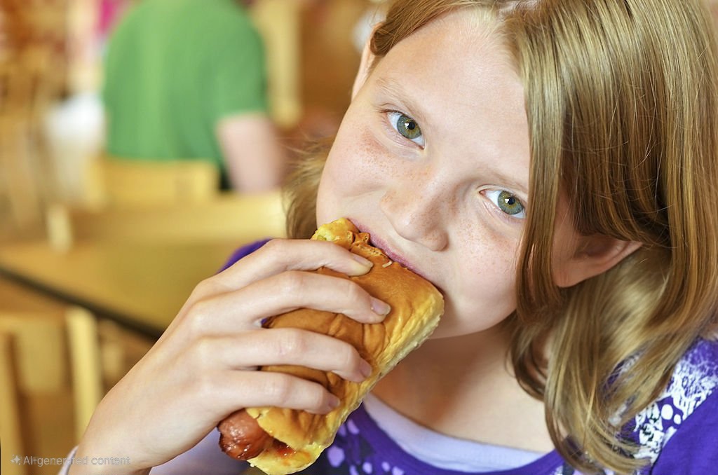 Young girl eating enjoying a hotdog.