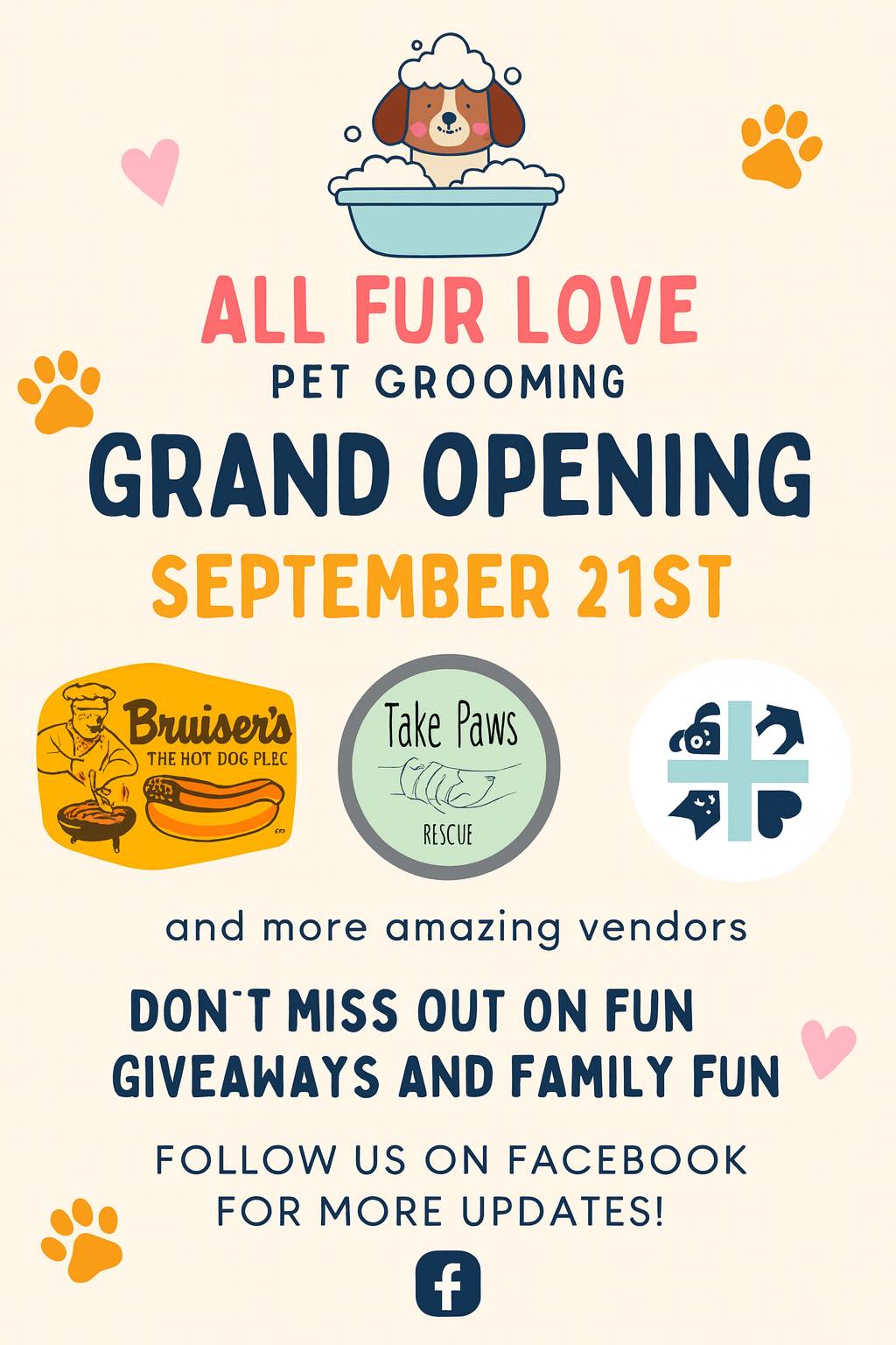 Bruiser’s Hot Dog Place serving at the Slidell pet grooming grand opening at All Fur Love Pet Grooming with families and dogs enjoying the event